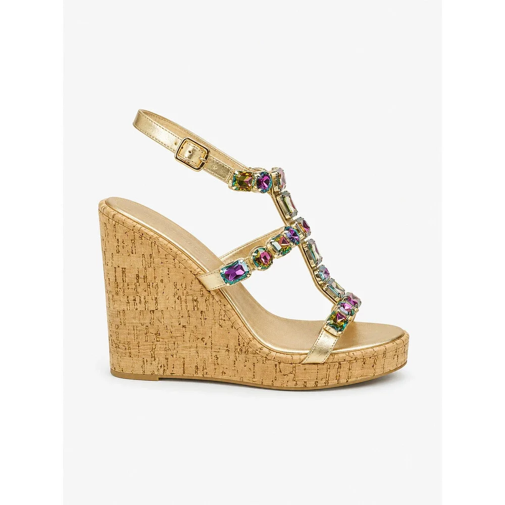 NIB Summer Time Colorful Jeweled Cork Wedge High Heel Sandals